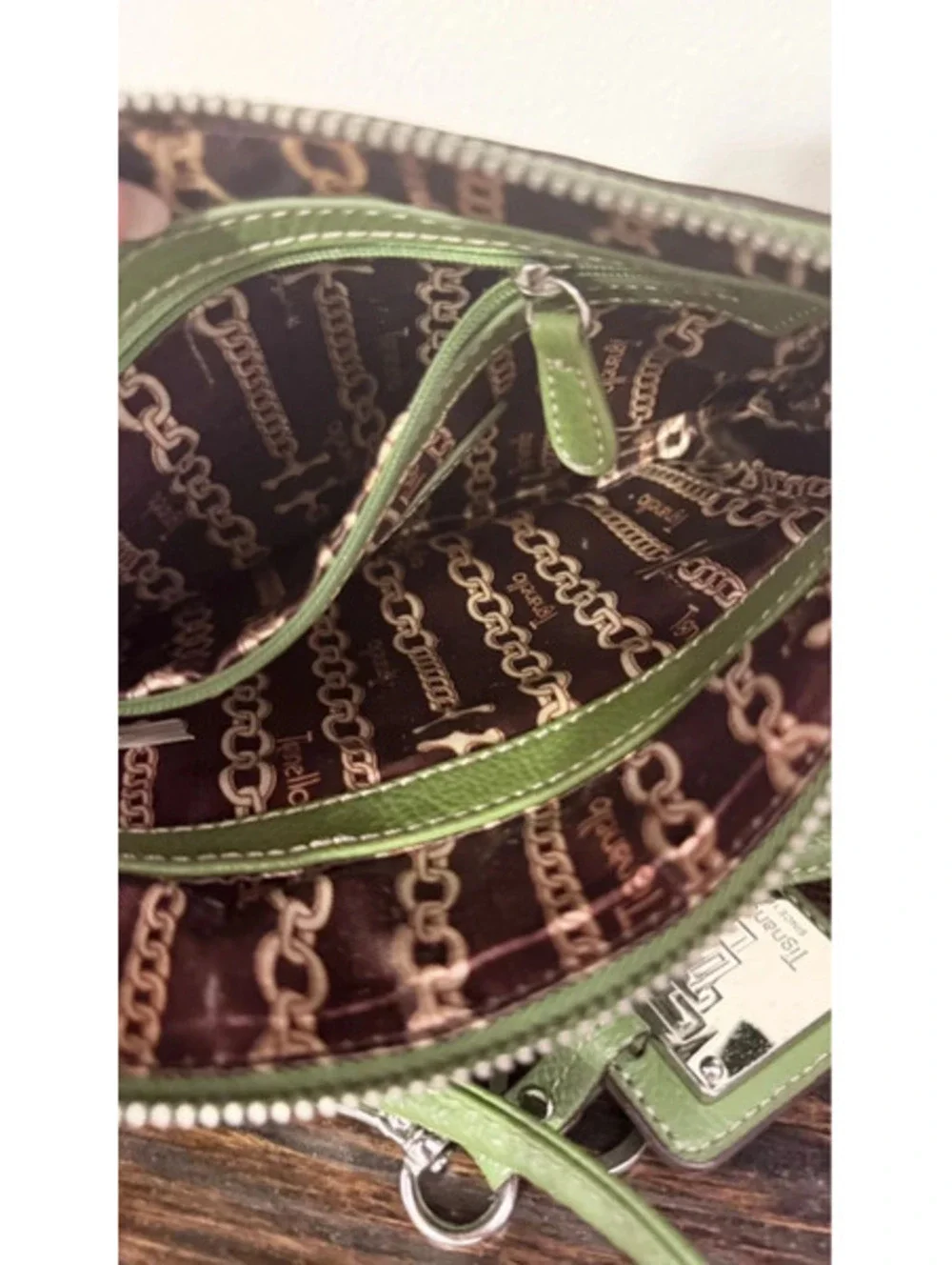 Tignanello green pebbled leather shoulder crossbody bag silver front pocket